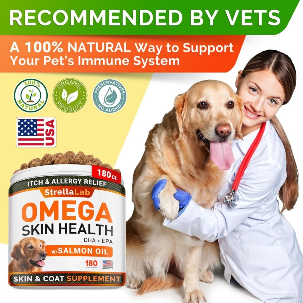 StrellaLab Omega 3 for Dogs - (180Ct) Fish Oil Treats - Allergy  Itch Relief SkinCoat Supplement - Dry Itchy Skin, Shedding, Hot Spots Treatment, Anti Itch - Pet Salmon Oil Chews - Chicken Flavor