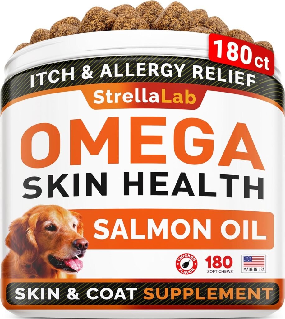 StrellaLab Omega 3 for Dogs - (180Ct) Fish Oil Treats - Allergy  Itch Relief SkinCoat Supplement - Dry Itchy Skin, Shedding, Hot Spots Treatment, Anti Itch - Pet Salmon Oil Chews - Chicken Flavor