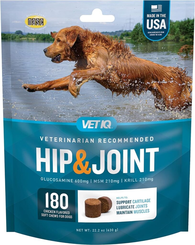 VetIQ Hip  Joint Supplement for Dogs, Anti Inflammatory Joint Support, Glucosamine, MSM, and Krill, Chicken Flavored Soft Chews, 180 Count