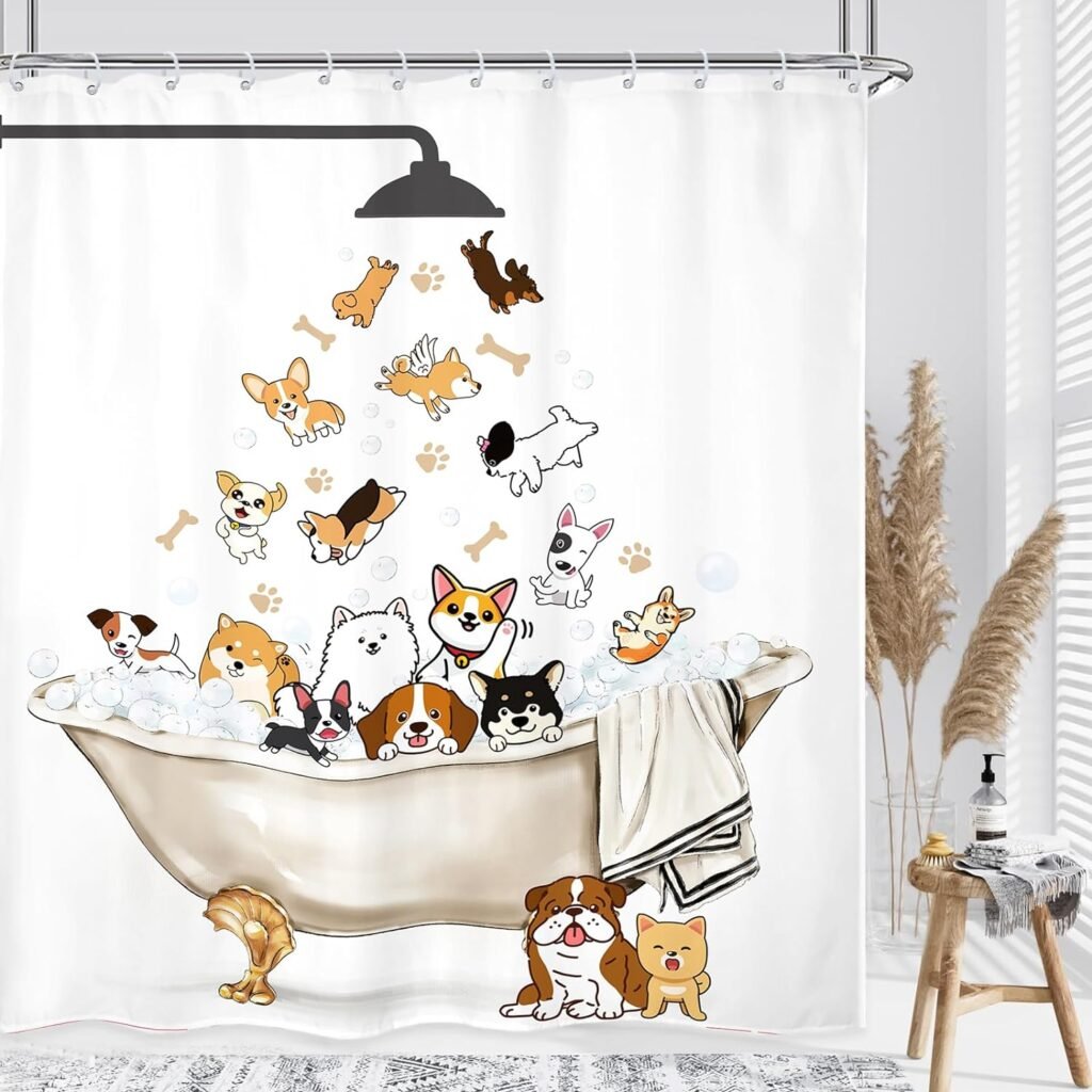 Cute Funny Dog Shower Curtain 60Wx72L Inch Kids Lovely Cartoon Corgi Animal Girls Boys Hilarious Pets Paw Bathroom Set Accessories Decor Polyester Waterproof with 12 Pack Hooks