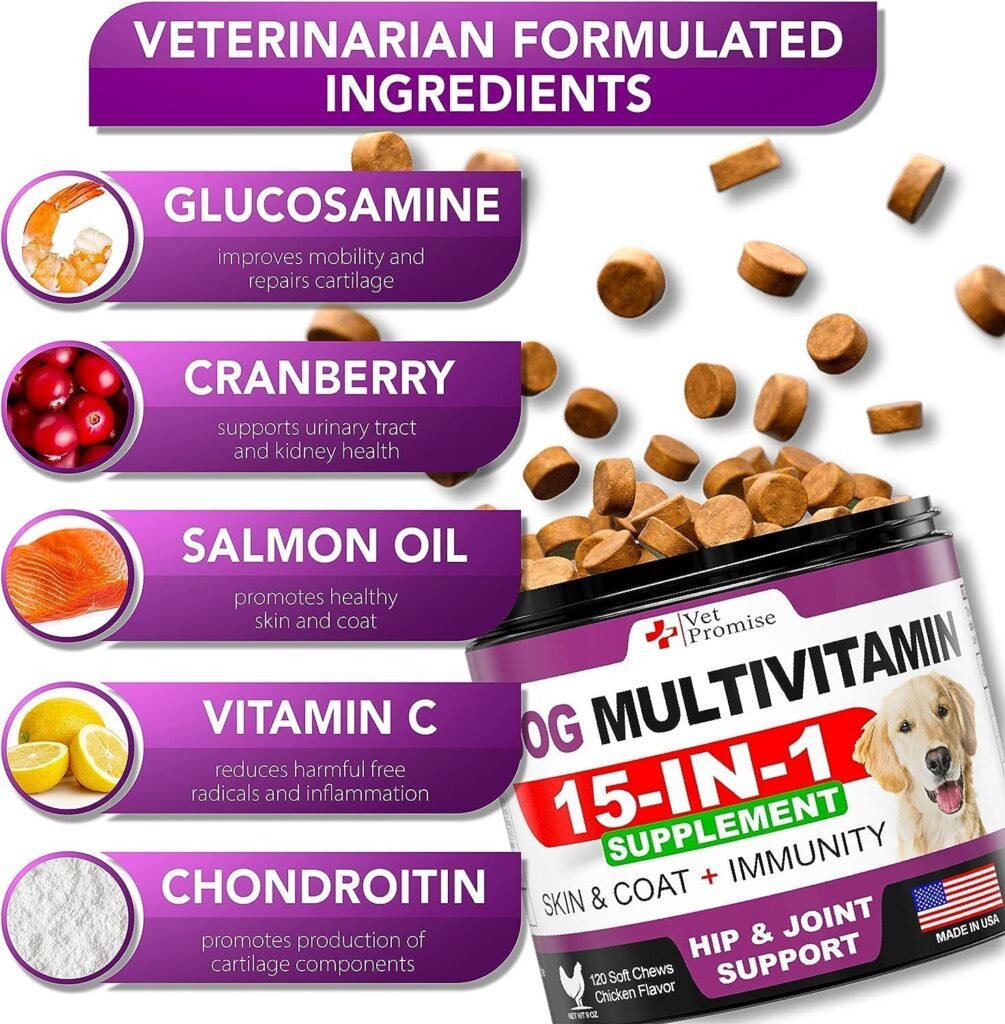 Dog Multivitamin Chewable with Glucosamine - Dog Vitamins and Supplements - Senior  Puppy Multivitamin for Dogs - Pet Joint Support Health - Immunity - Mobility - Energy - Gut - Skin - 120 Chews