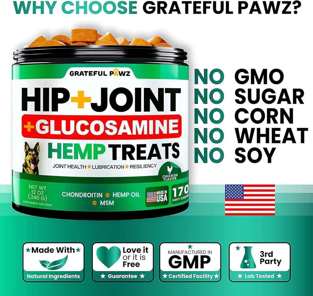 Hemp Hip and Joint Supplement for Dogs - Glucosamine for Dogs - 170 Dog Joint Pain Relief Treats - Chondroitin, MSM, Hemp Oil - Advanced Dog Joint Supplement Health - Mobility Support Chews