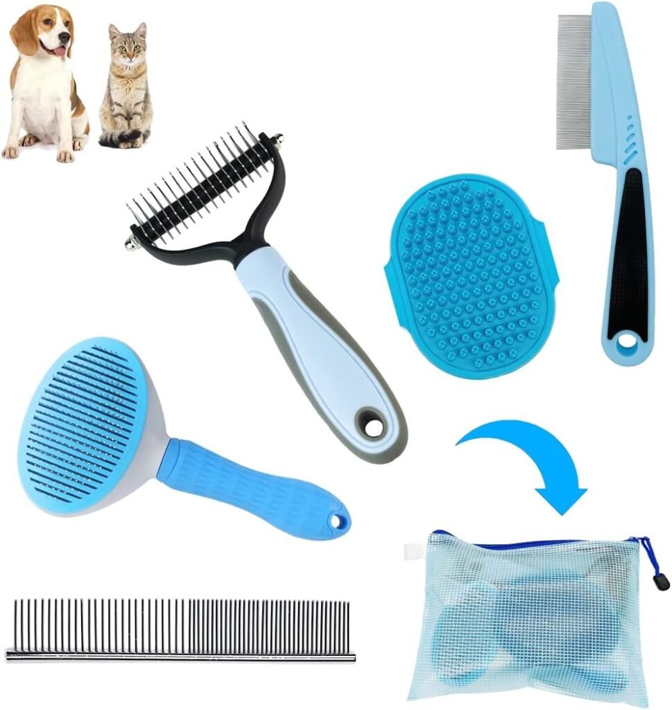 MASTER QUEEN Dog Brush Dog Grooming Kit 5PCS - Dog Brushes for Grooming, Dog Brush for Shedding,Puppy Brush and Flea Comb for Dogs, Slicker Brush for Dogs Comb and Dog Hair Brush Set Blue