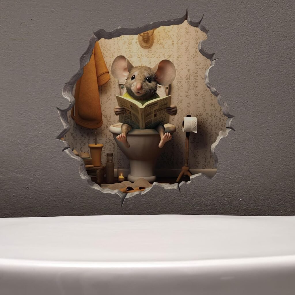 Mouse Sitting on Toilet in Mouse Hole Decal - Mouse Hole 3D Wall Sticker - Funny Gift - Potty Training Gift Idea