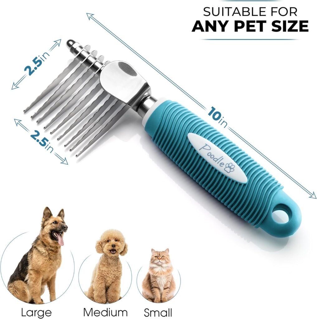 Poodle Pet Dematting Fur Rake Comb Brush Tool Dog Rake Brush - Dog Brush for Goldendoodle  Cat Comb with Long 2.5” Steel Safety Blades Metal Dog Comb for Detangling Matted or Knotted Undercoat Hair