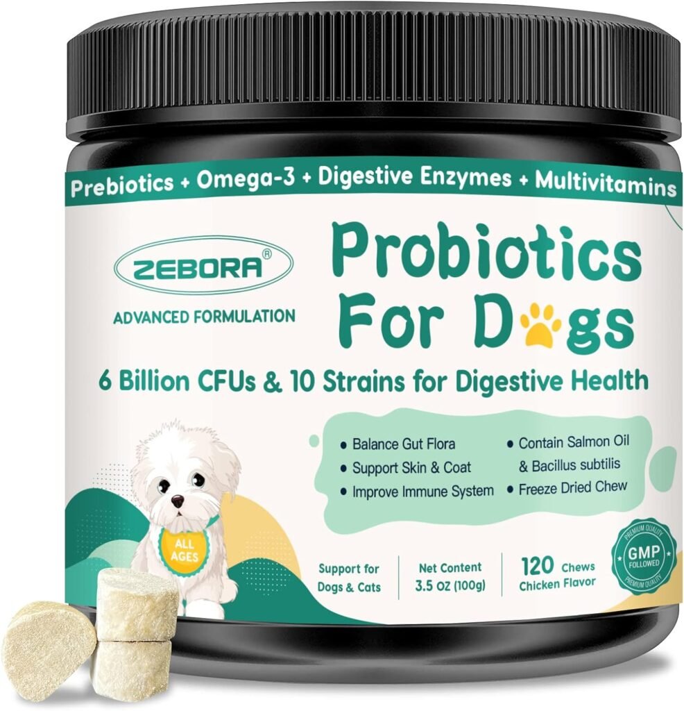 Probiotics for Dogs Digestive Health, Dog Probiotics and Digestive Enzymes, Prebiotics, Omega-3  6 and Vitamin for Dogs, 6 Billion CFUs for Gut Health and Immune Support, 120 Chews