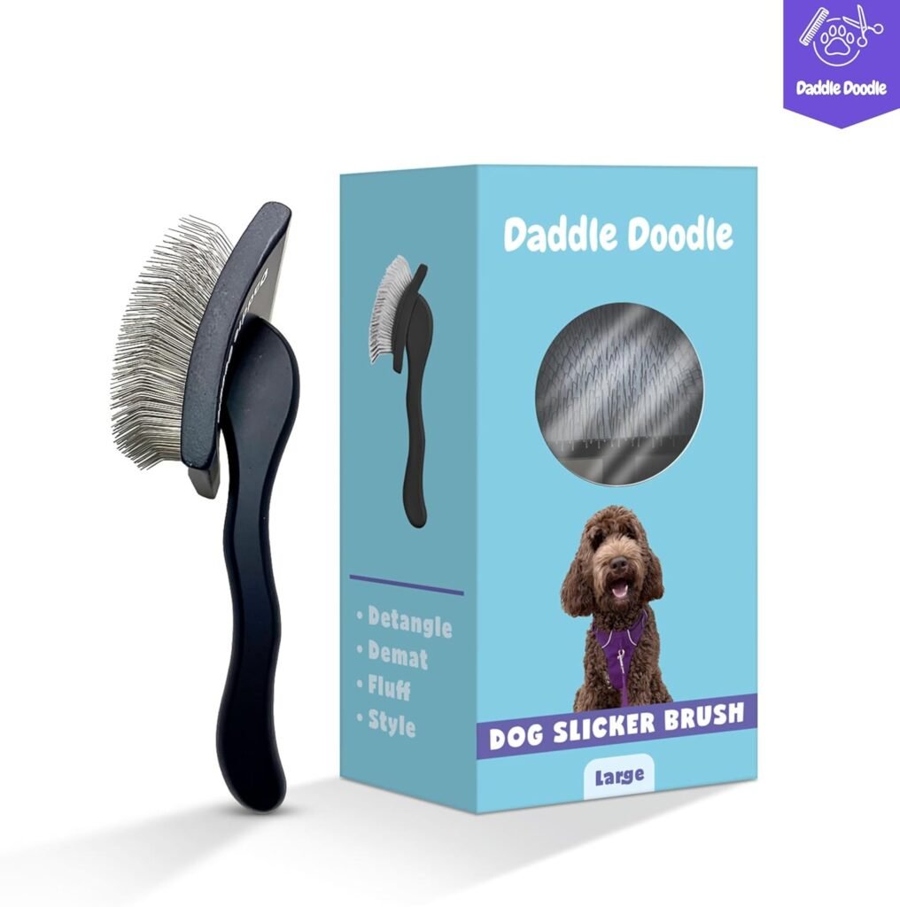 Dog Slicker Brush - Dog Grooming Brush Especially Designed for All Poodles and Doodle Mixes – Fluff, Style, Detangle, and Demat – Ergonomic Handle Design – Soft and Angled Brush Pins